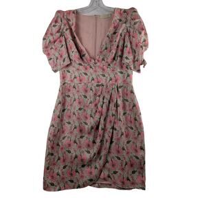 Lenon Pink Floral Plunging Neckline XS‎ Short Sleeve Mini Dress Rear Zip